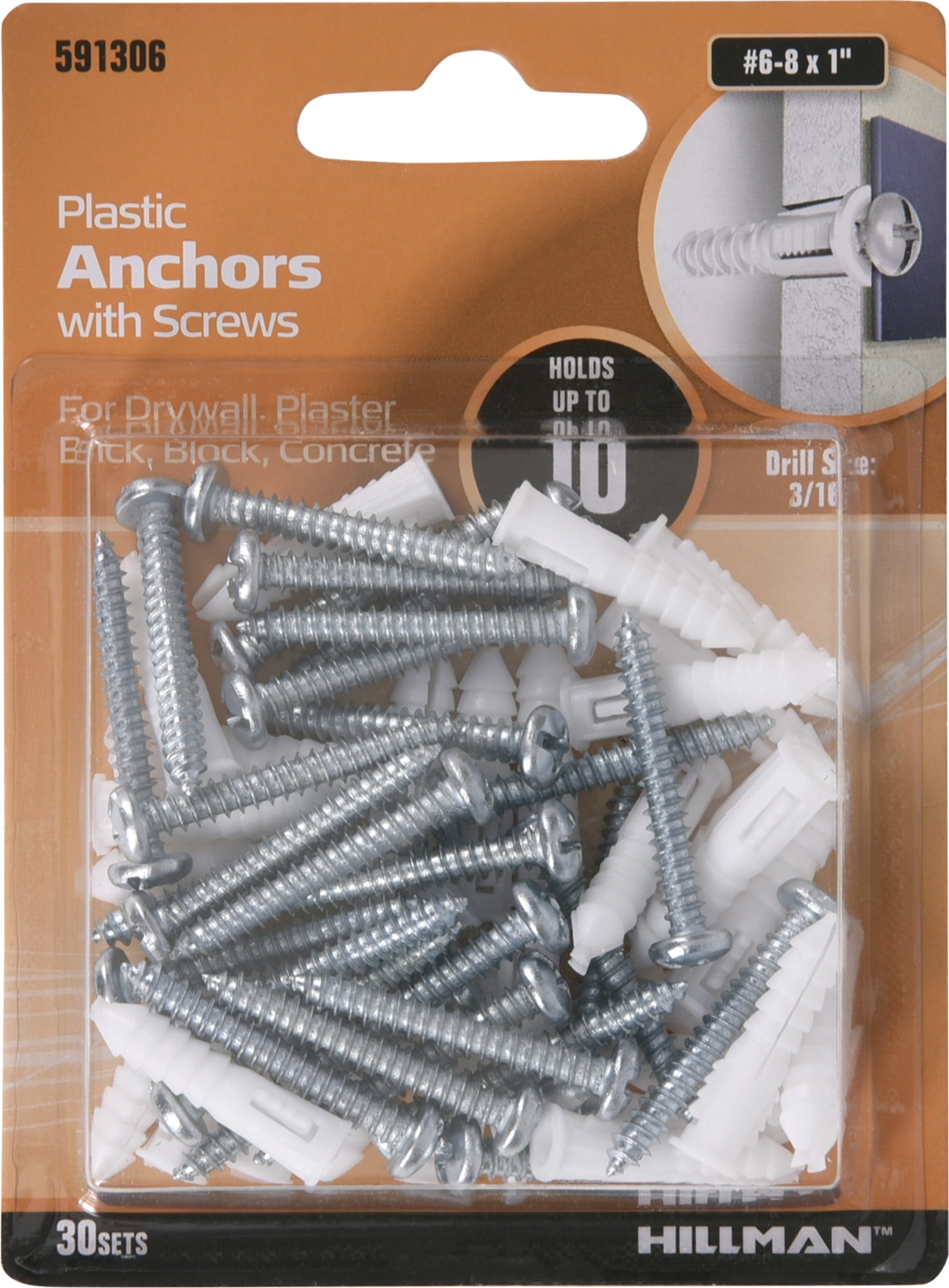 Hillman Group 5068 Blue Ribbed Plastic Anchors With Pan-Head Screws – Light-Duty Wall Anchors