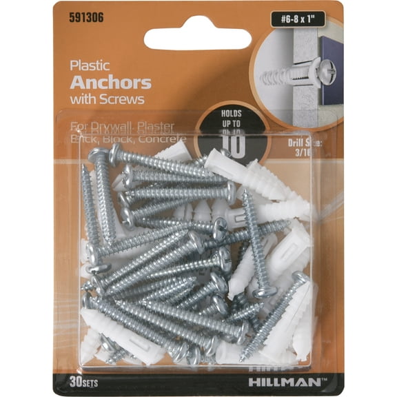 Hillman Ribbed Plastic Anchors with Screws (#6-8 x 1") - 30 Sets