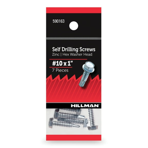 Hillman Self Drilling Screws, Hex Washer Head, #10 x 1" Zinc Plated, Steel, Pack of 7
