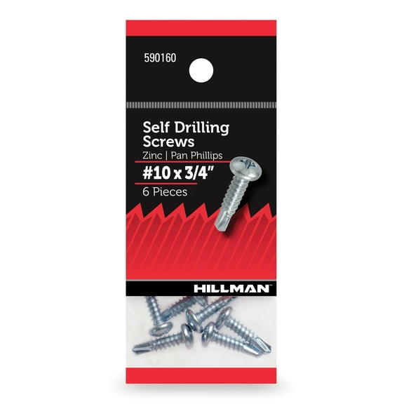 Hillman Self Drilling Screws, Hex Washer Head, #10 x 3/4" Zinc Plated, Steel, Pack of 6