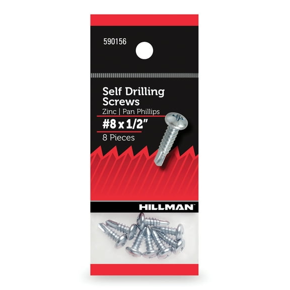 Hillman Self Drilling Screws, Hex Washer Head, #8 x 1/2", Zinc Plated, Steel, Pack of 8