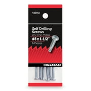 Hillman Self Drilling Screws, Hex Washer Head, #8 x 1.5", Zinc Plated, Steel, Pack of 6