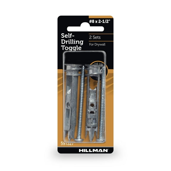 Hillman Self-Drilling Toggle Bolts, #8 x 2-1/2", Steel, For Drywall, 90lbs, Zinc Finish, Silver, 2 pack