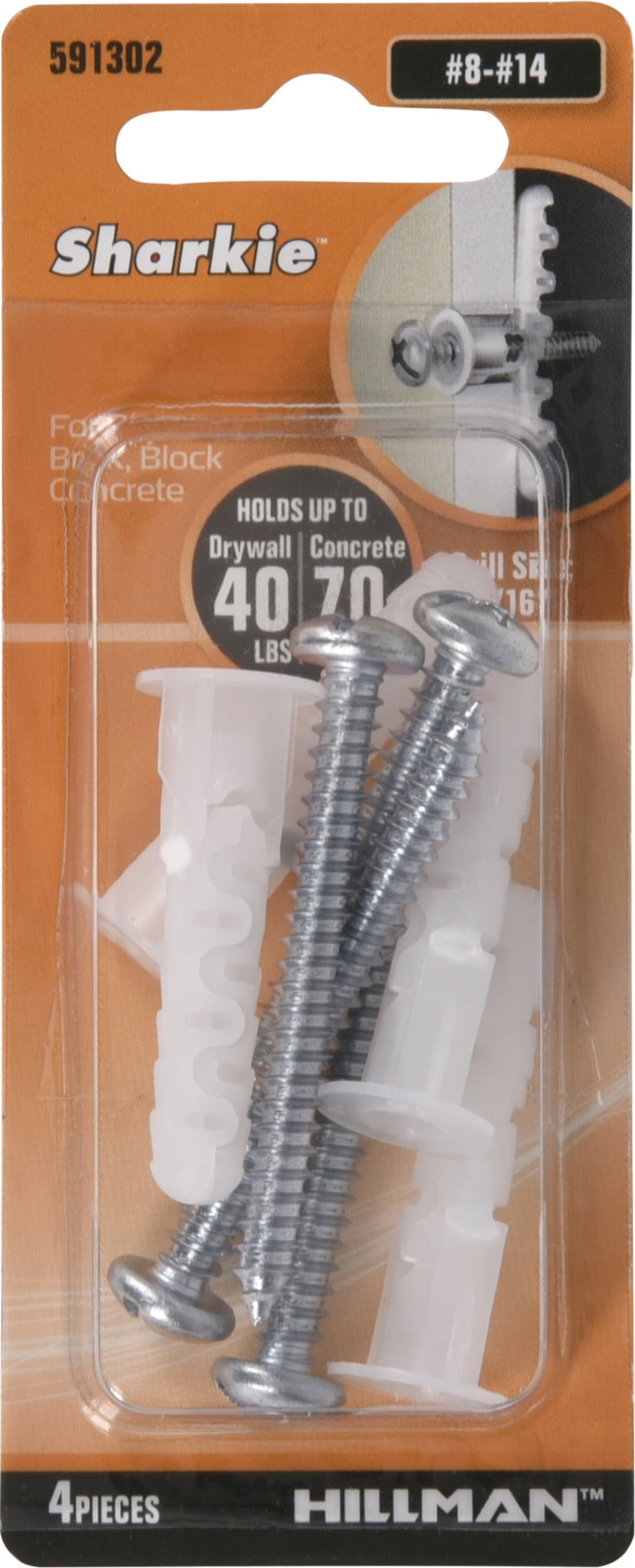Hillman Sharkie Anchors and Screws, Nylon, 70 lbs(#8-14), 4 Sets