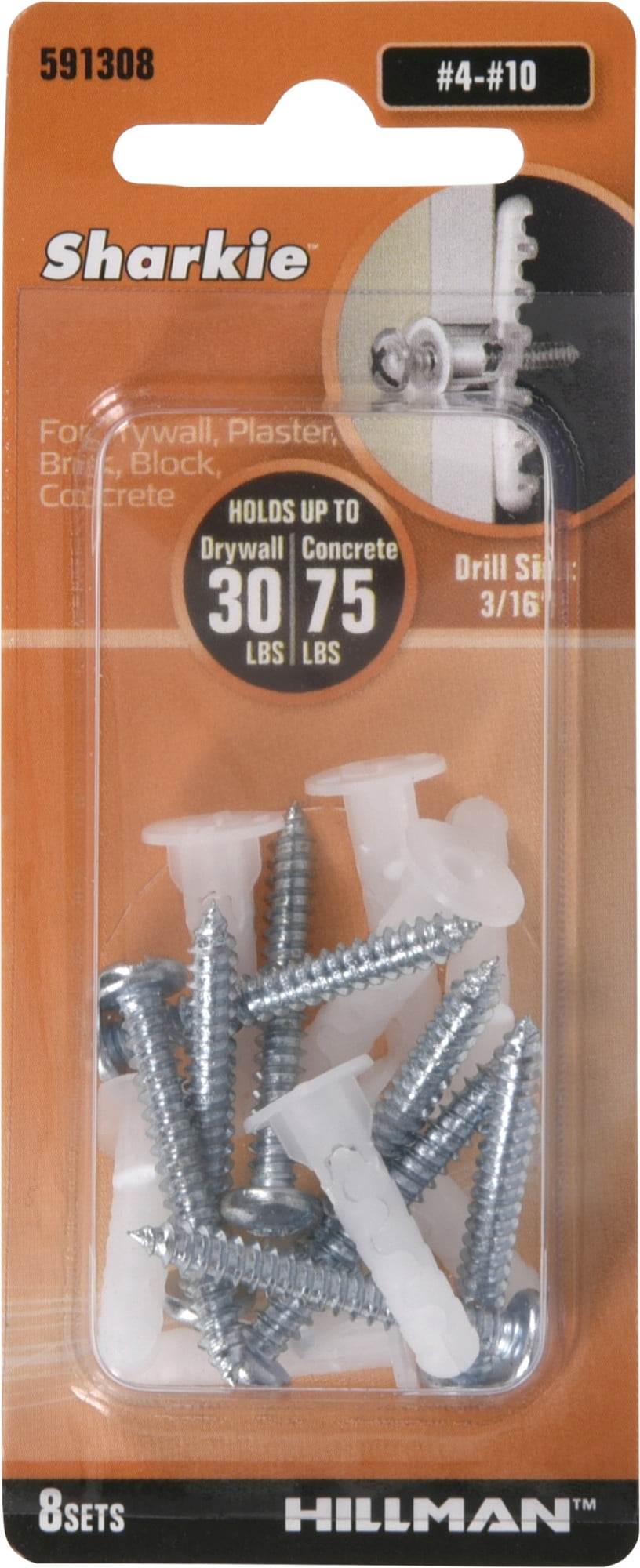 Hillman Sharkie Plastic Anchors with Screws (#4-10), 75lbs, 8 Sets