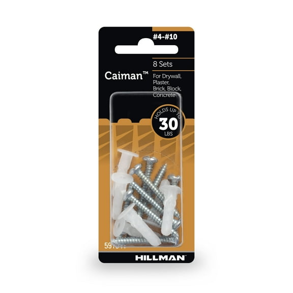 Hillman Caiman Multi-material Wall Anchors, #4-10, Nylon and Steel, 30 lb., White, 8 sets