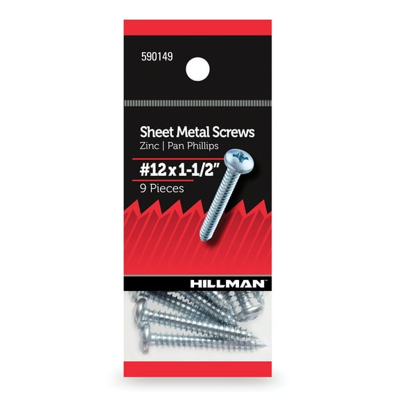Hillman Sheet Metal Screws,#12 x 1-1/2", Steel, Zinc, Interior, Phillips, Silver, 9 pack