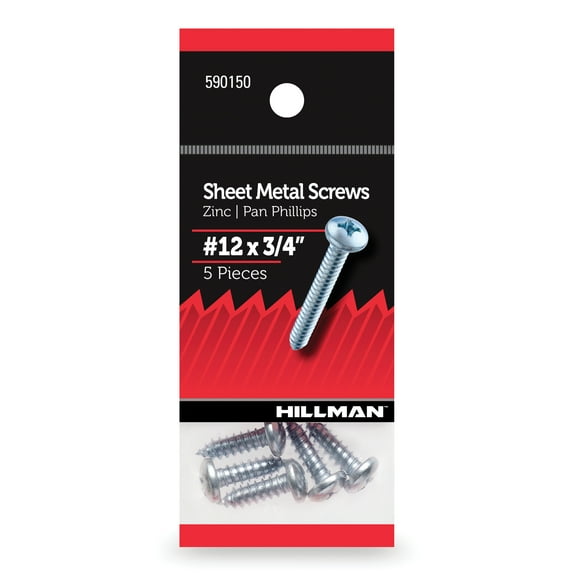Hillman Sheet Metal Screws, #12 x 3/4", Steel, Zinc, Interior, Phillips, Silver, 5 pack