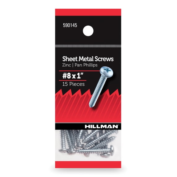 Hillman Sheet Metal Screws, #8 x 1", Pan Phillips, Zinc Plated, Steel, Pack of 15