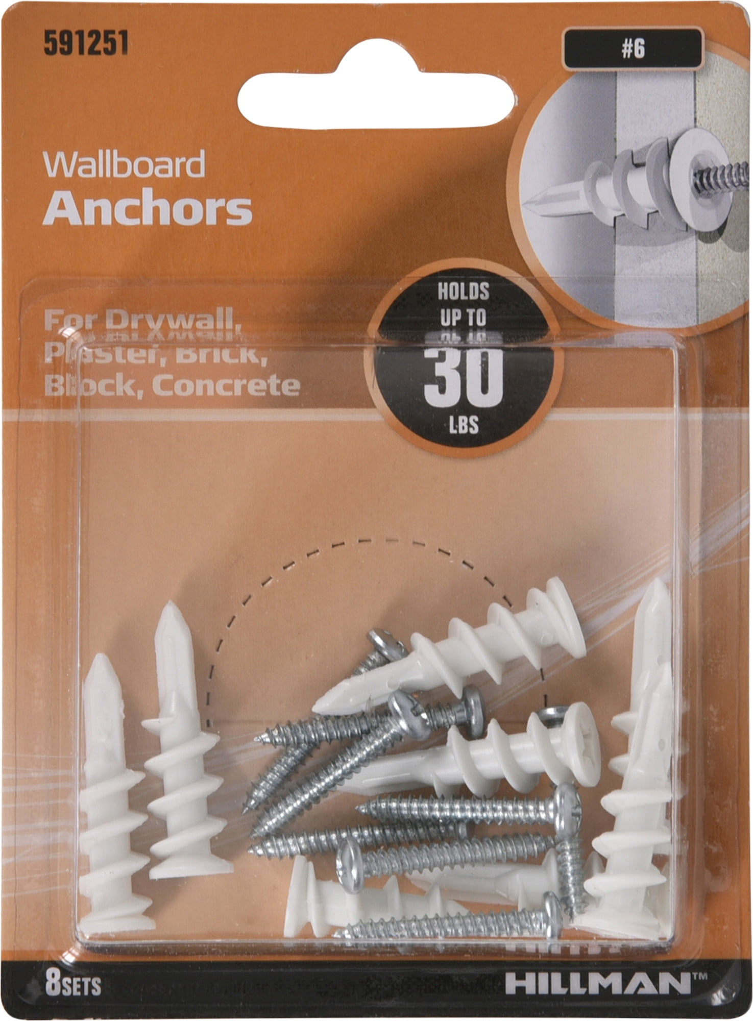 Hillman Steel Wallboard Anchors with Screws (#6) - 8 Sets