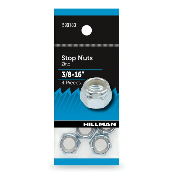 Hillman Stop Nuts, Lock Nuts, 3/8"-16, Nylon, Zinc Plated, Pack of 4