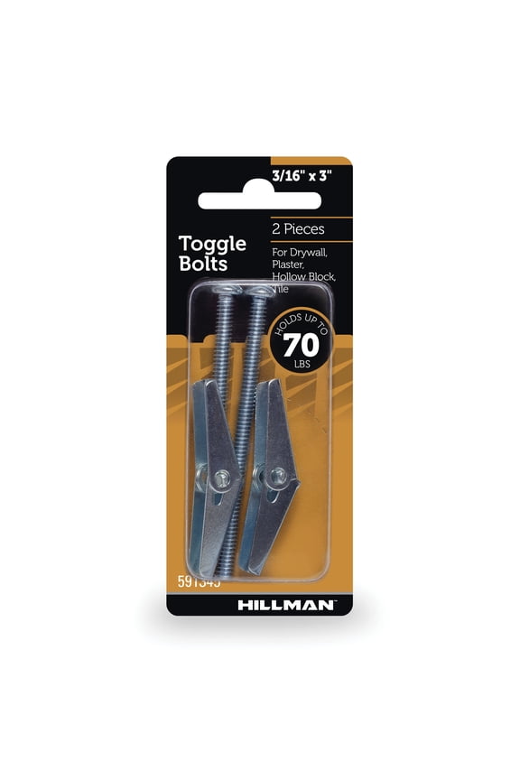 Toggle Bolts, 3/16" x 3", Steel, Multi-Material, 70 lbs, Zinc, Silver, 2 pack