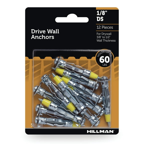 Hillman Wall Anchors, 1/8"DS, Silver Zinc Finish, Steel, 60lbs, 12 Pack