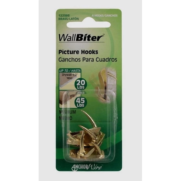 Hillman Wallbiter 45 Lb Brass Small Picture Hook Hanger 4 Pk Brass-Plated 122393