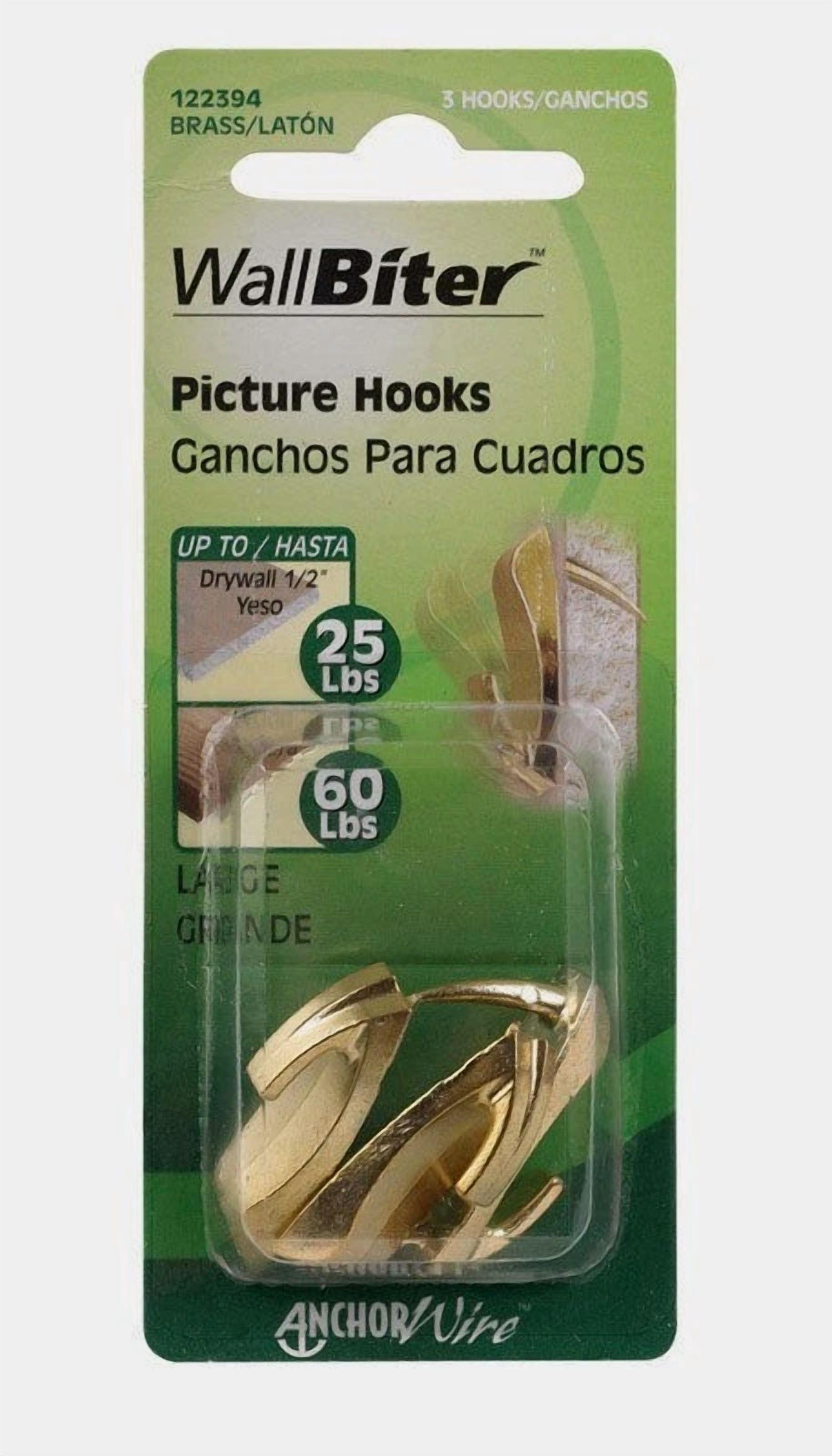 Hillman Wallbiter 60 Lb Brass Large Picture Mirrir Hook Hanger 3 Pk Brass 122394