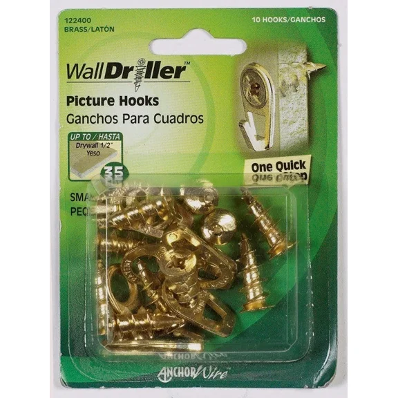 Hillman Walldriller 35 Lb Brass Drywall Picture Mirror Hook Hanger 10 Pk 122400