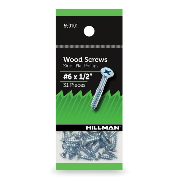 Hillman Wood Screws, #6 x 1/2", Steel, Zinc, Interior Screws, Phillips, Silver, 31 pack