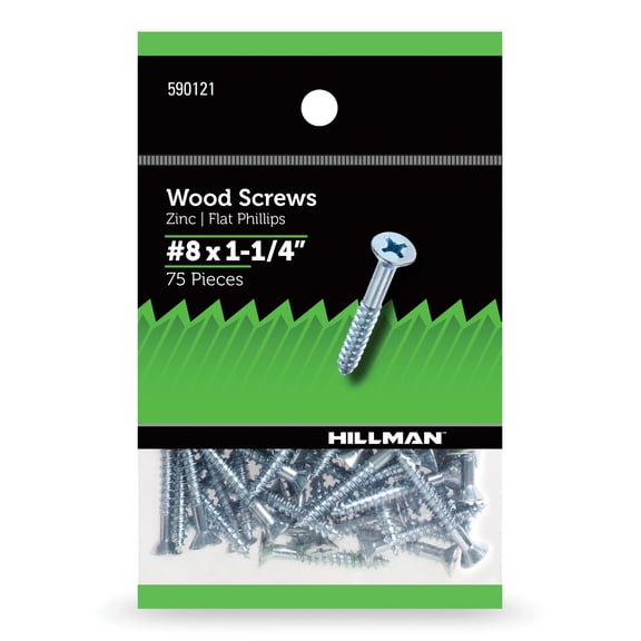 Hillman Wood Screws, #8 x 1-1/4", Steel, Zinc, Interior Screws, Phillips, Silver, 75 pack