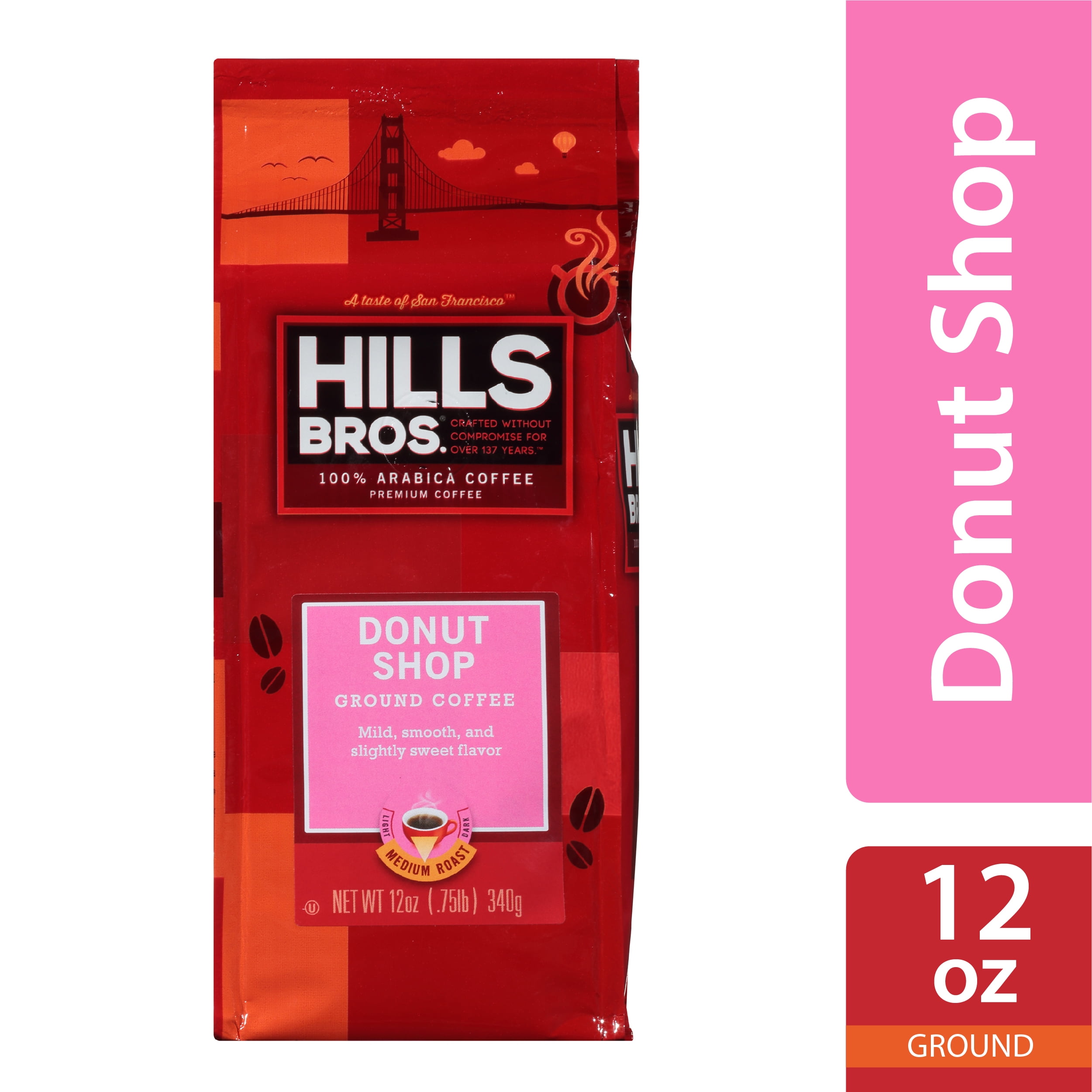 Hills Bros. 100% Arabica Ground Coffee, Donut Shop Medium Roast, 12 oz