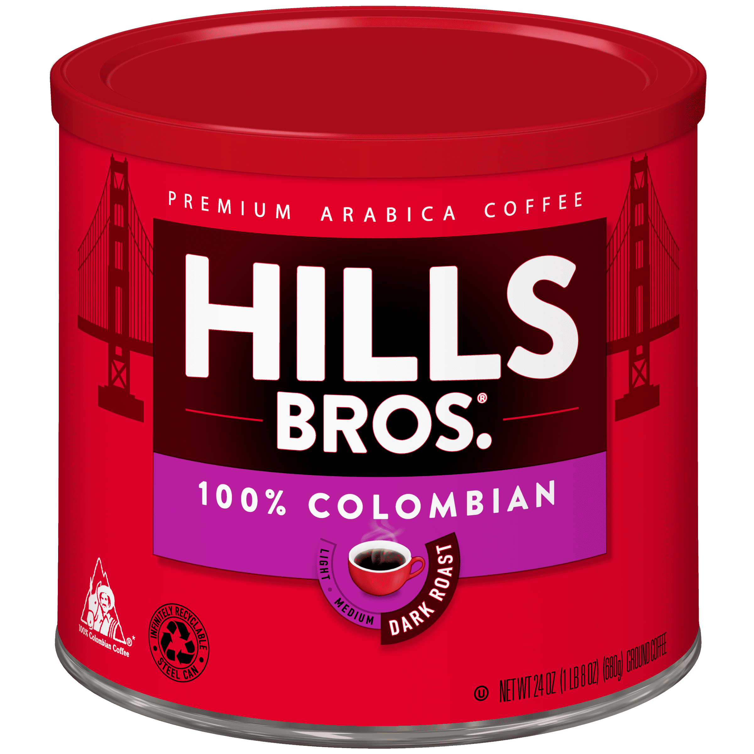 Hills Bros. Coffee 100% Colombian Ground Coffee, Dark Roast, 24 Oz