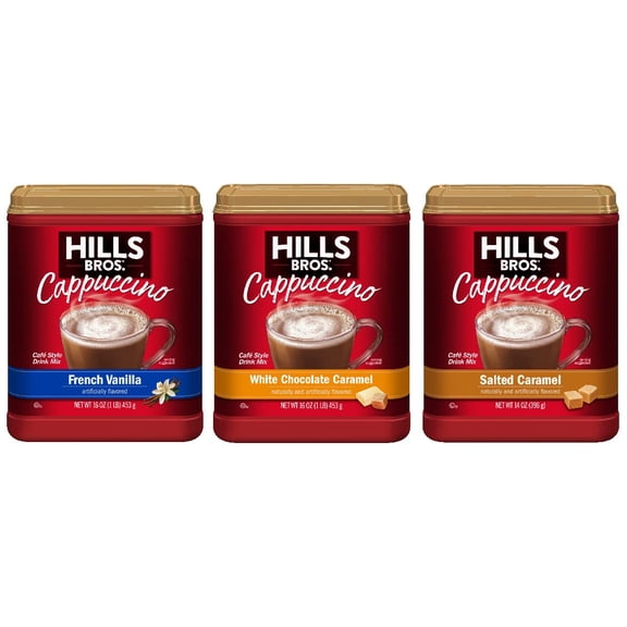 Hills Bros Instant Cappuccino Mix Variety Pack with French Vanilla, Salted Caramel, and White Chocolate Caramel Instant Coffee Beverage Mix (3 Count)
