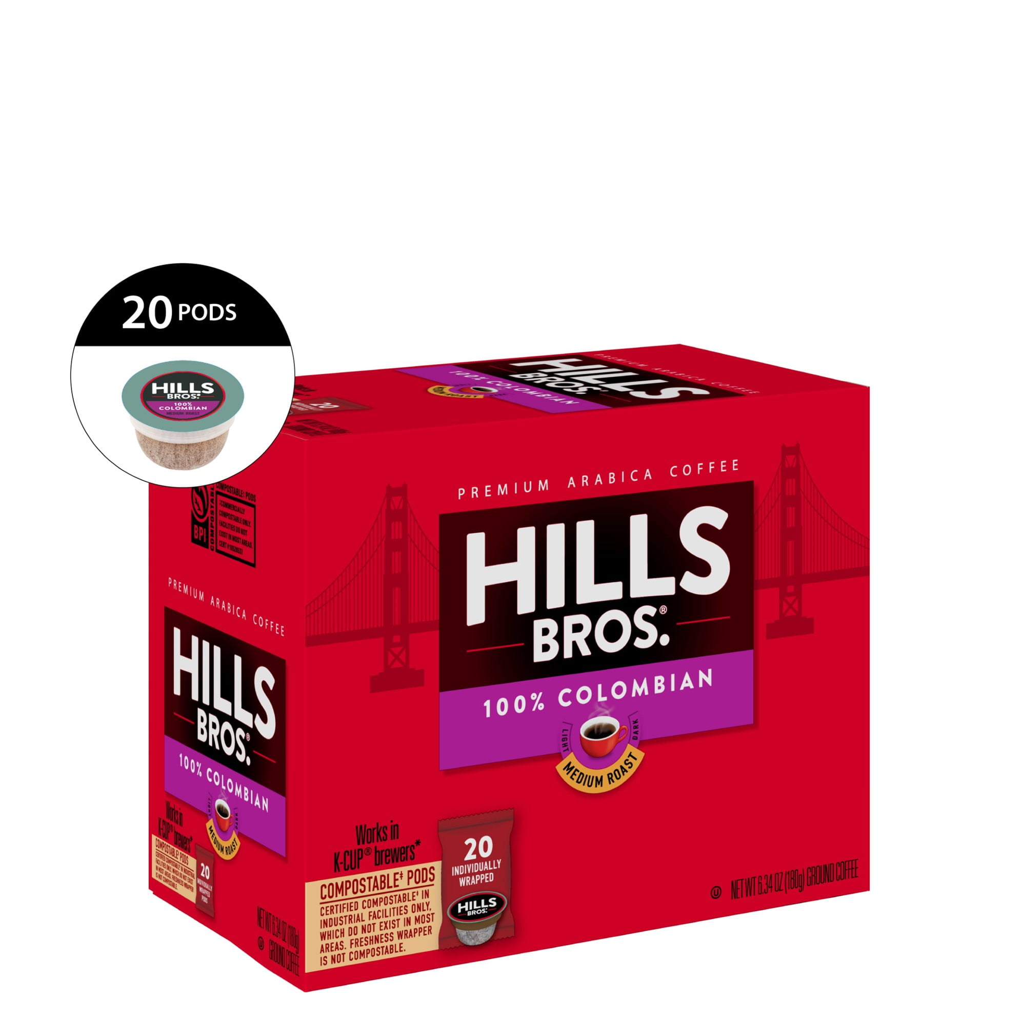 Hills Bros. K-Cup Coffee Pods, 100% Arabica Colombian Medium Roast, 20 Ct