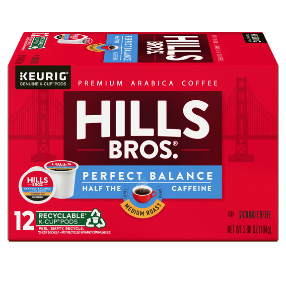 Hills Bros. Perfect Balance Half-Caffeine 100% Arabica Medium Roast , K-Cup Coffee Pods, 12-Count Box
