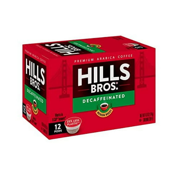 Hills Bros Single Serve Coffee Pods, Decaf, Medium Roast, 12 CountKeurig Compatible, Roasted 100% Arabica Coffee, Smooth, Balanced, Classic Coffee Flavor