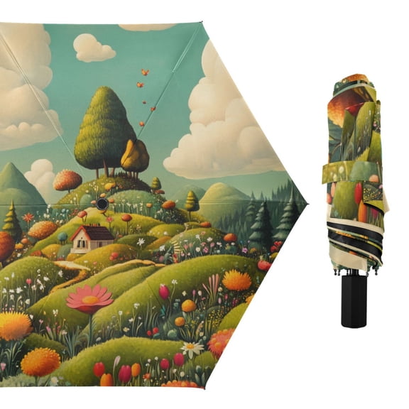 Hills Colorful Florals Trees Clouds All Weather Umbrella Triple Folding Parasol 6 Ribs UV Protection Portable