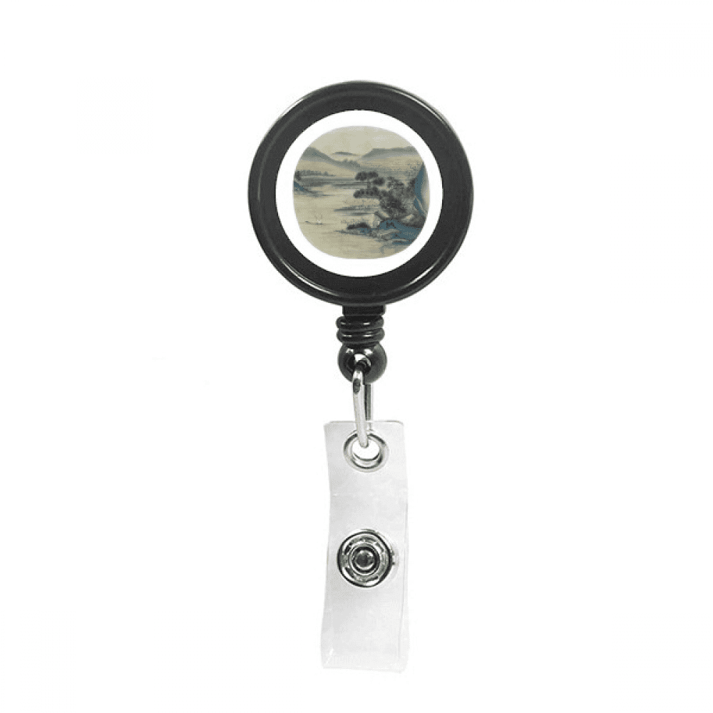 Hills Fishing Boat Chinese Painting Retractable Keychain Badge Holder ID Badge