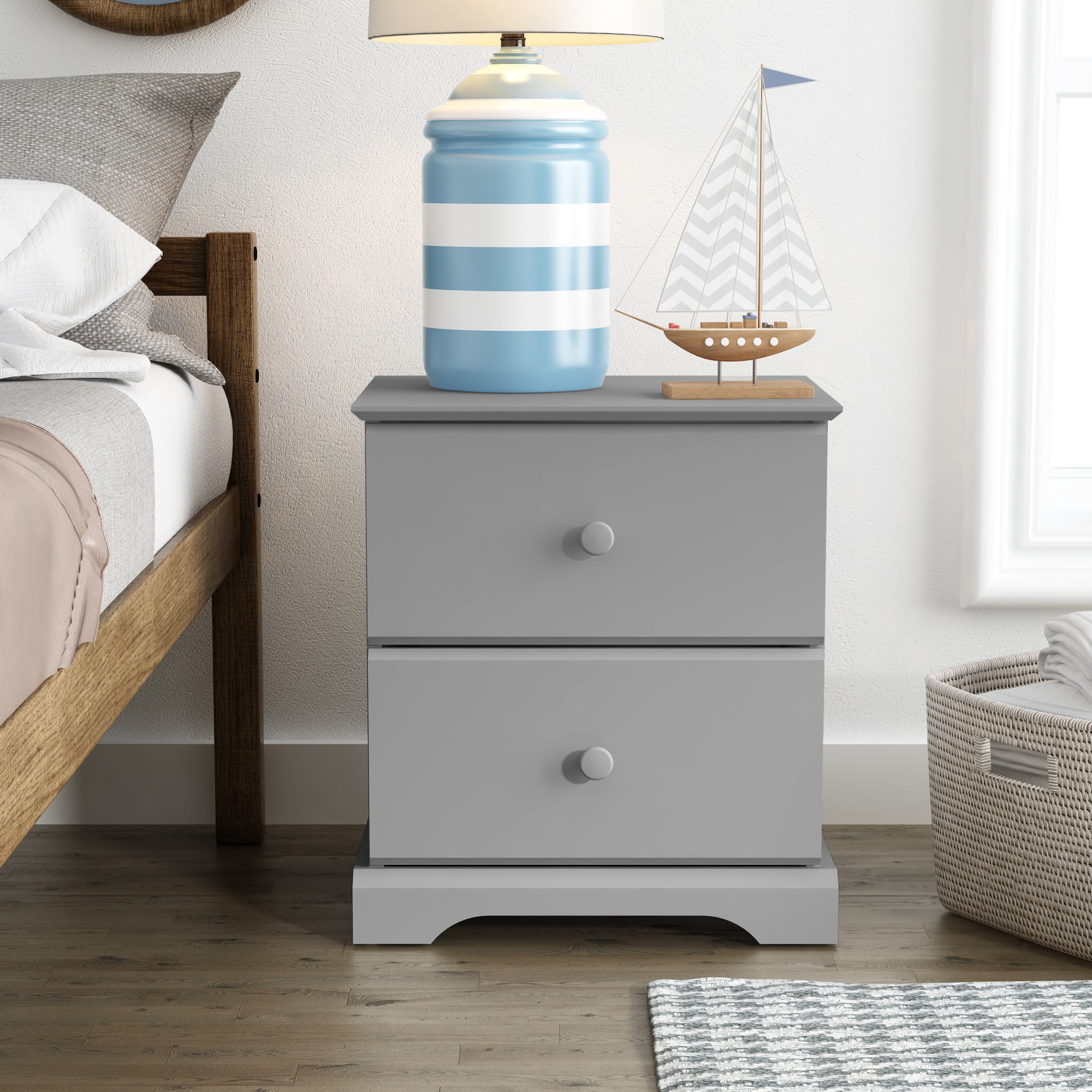 Gray Wood 2-Drawer Kids Nightstand, 22" Height