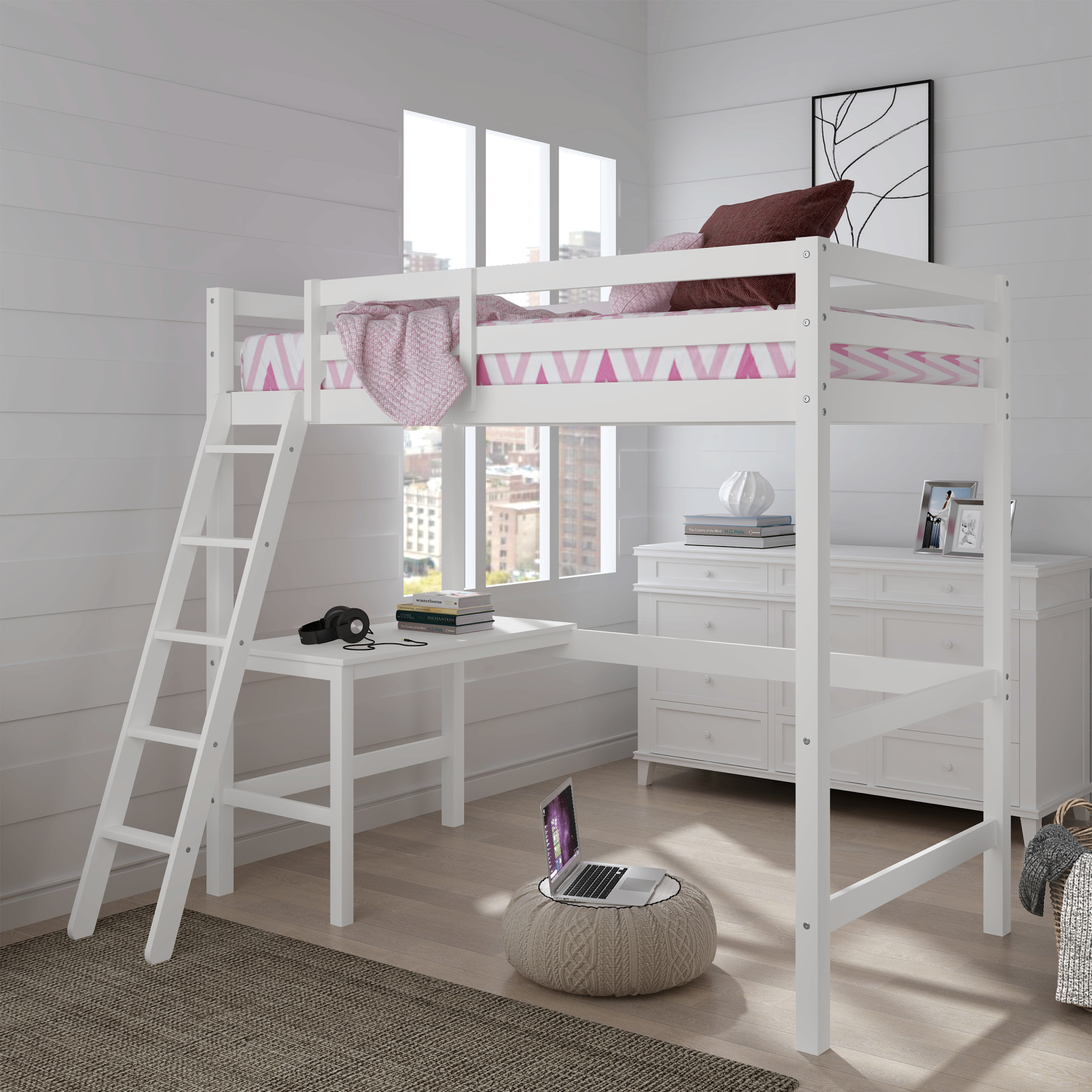 Hillsdale Campbell Wood Twin Loft Bunk Bed with Desk, White - image 1 of 14
