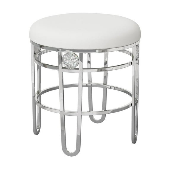 Hillsdale Dessa 18" Faux Leather & Metal Vanity Stool in White/Silver Chrome