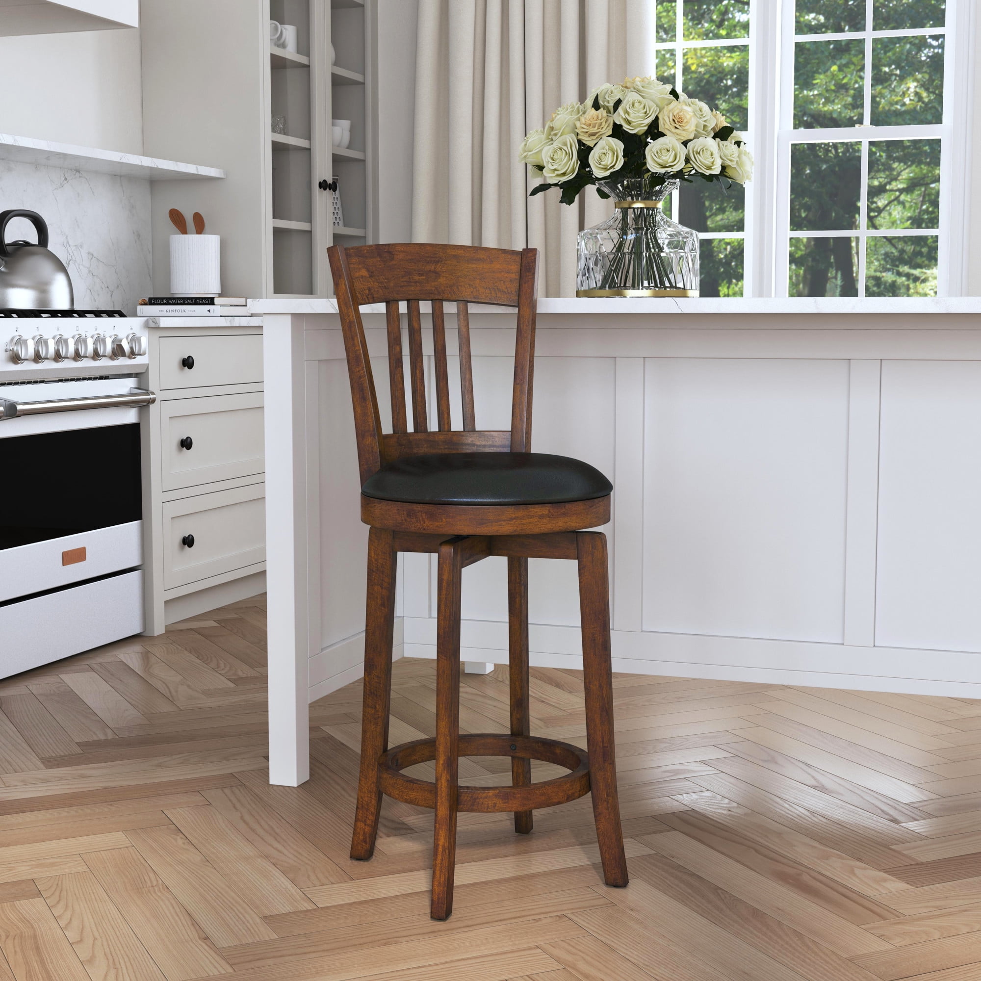 Canton 25" Traditional Swivel Counter Stool in Dark Brown Faux Leather