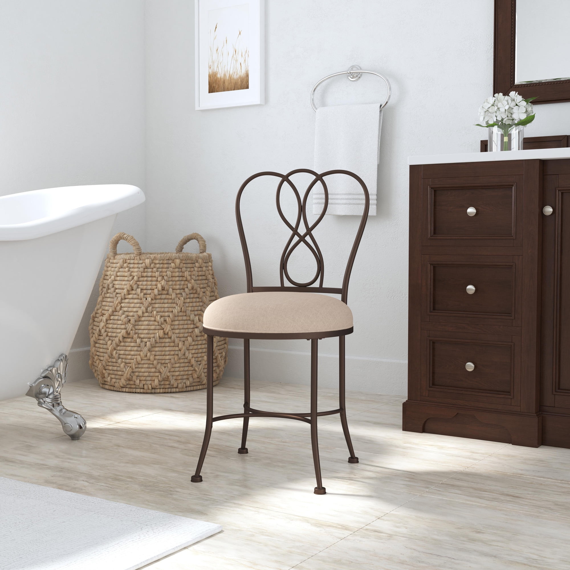 Elegant Christina Bronze Metal Vanity Stool with Cream Linen Seat