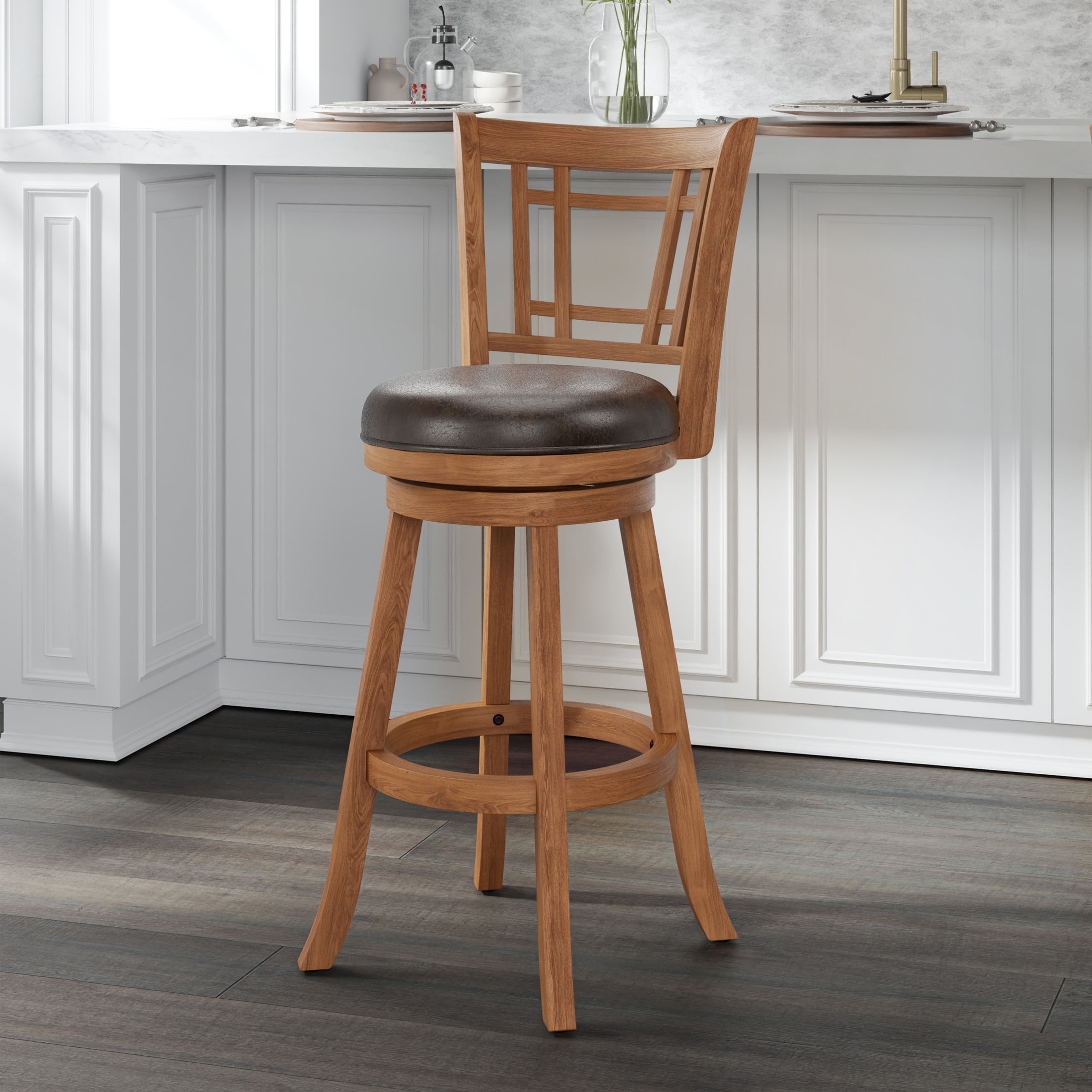 Transitional Oak Wood Swivel Bar Stool with Brown Faux Leather Seat