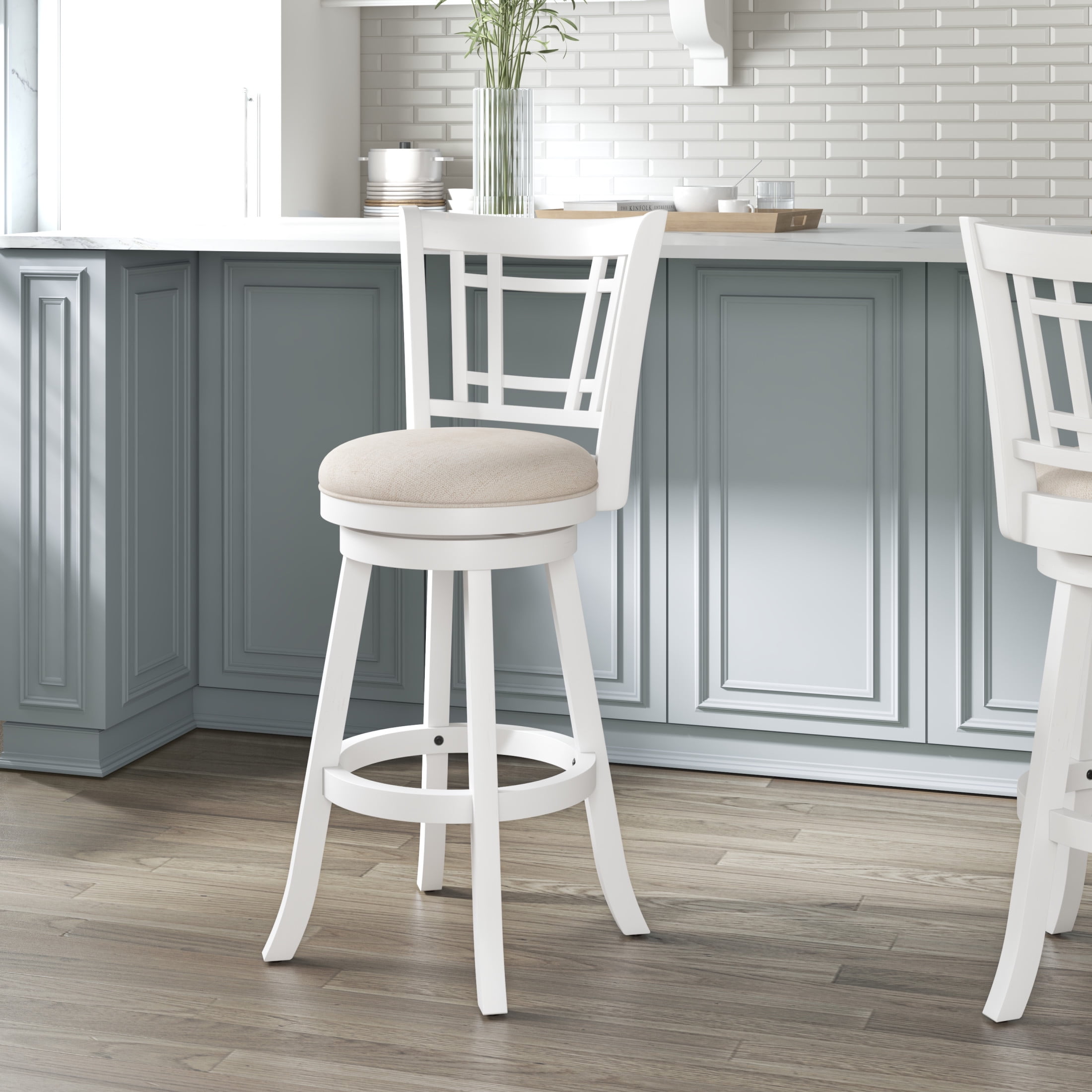 Elegant White Swivel Bar Stool with Beige Fabric Seat and Wood Accents