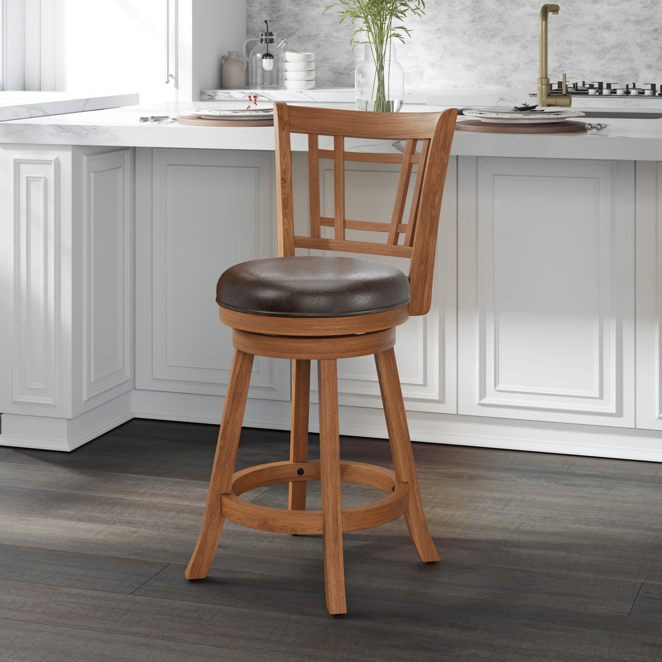 Fairfox Oak Swivel Counter Stool with Brown Faux Leather Seat