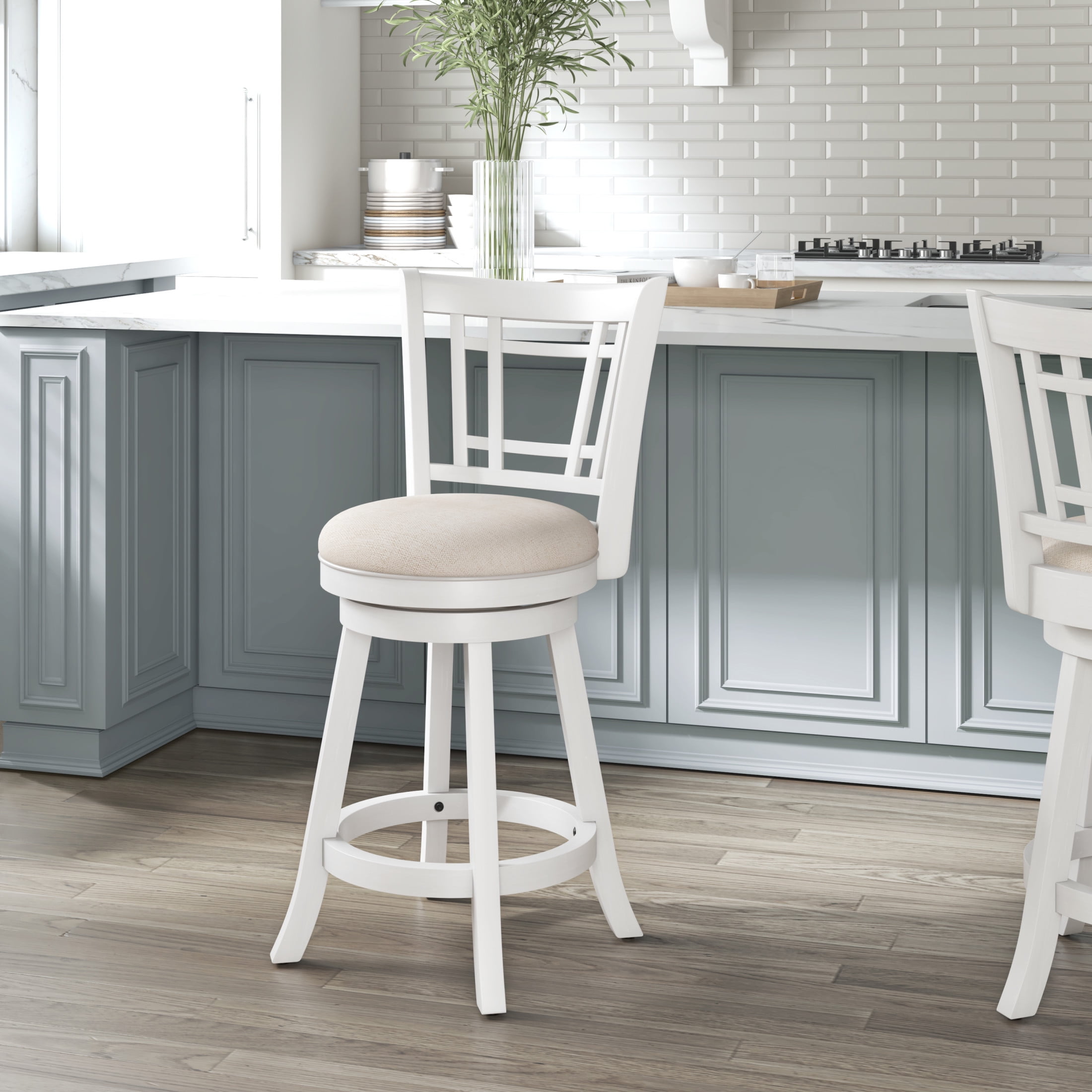 White Wood Swivel Counter Height Stool with Beige Seat