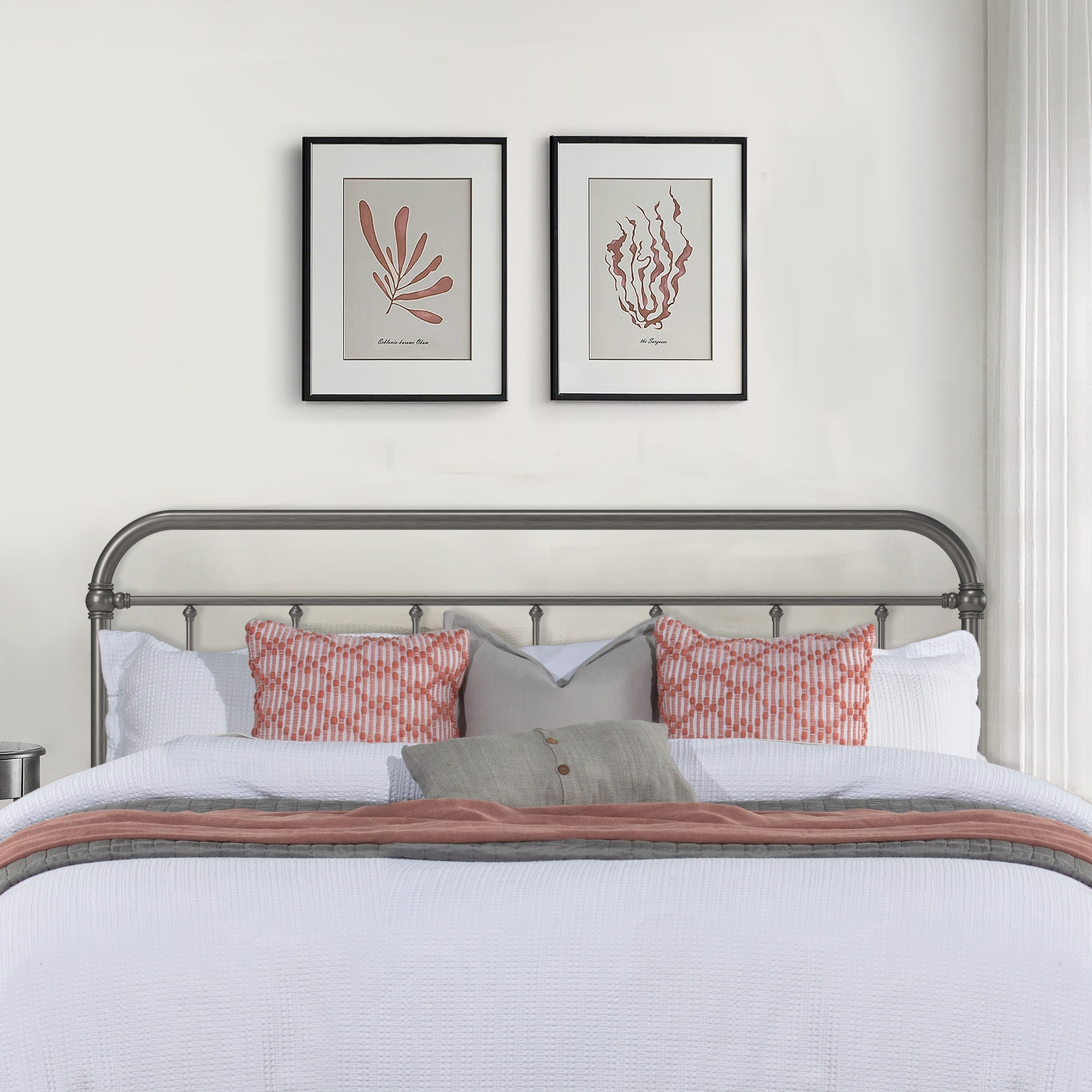 King Aged Pewter Metal Headboard with Spindle Design