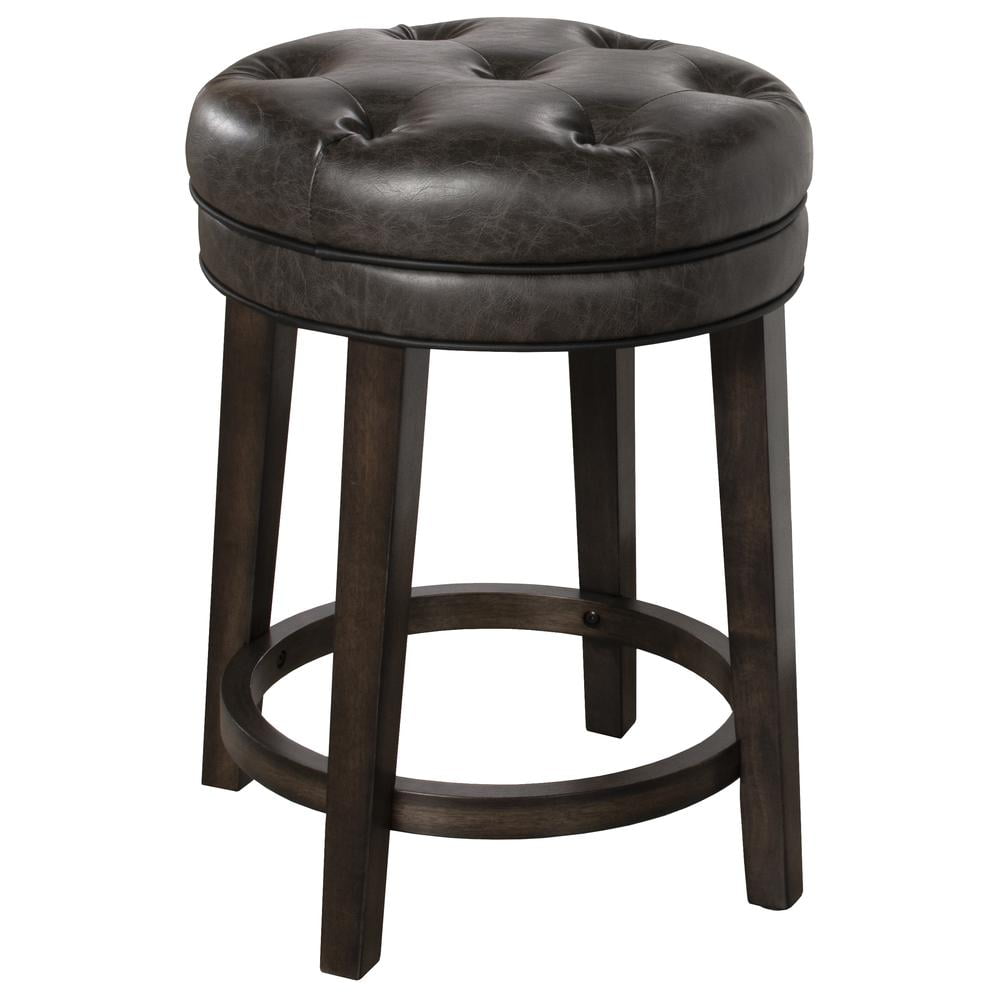 Classic Charcoal Gray Button-Tufted Leather Swivel Counter Stool