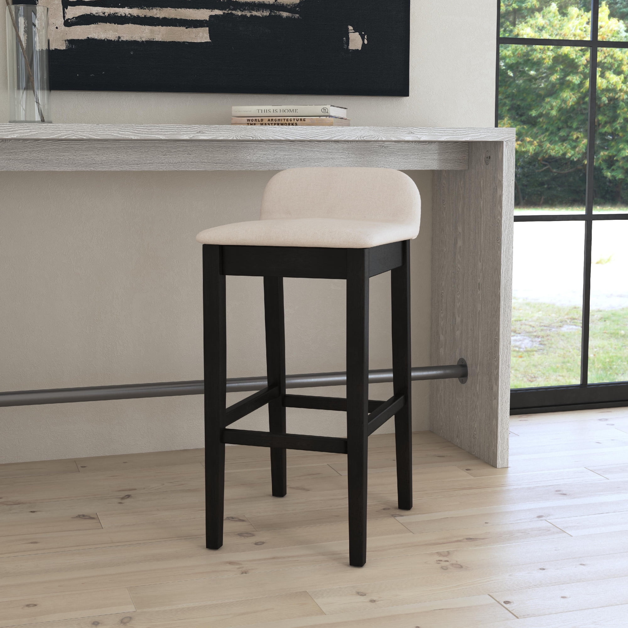 Elegant Maydena Black Wood Bar Height Stool with Beige Accents