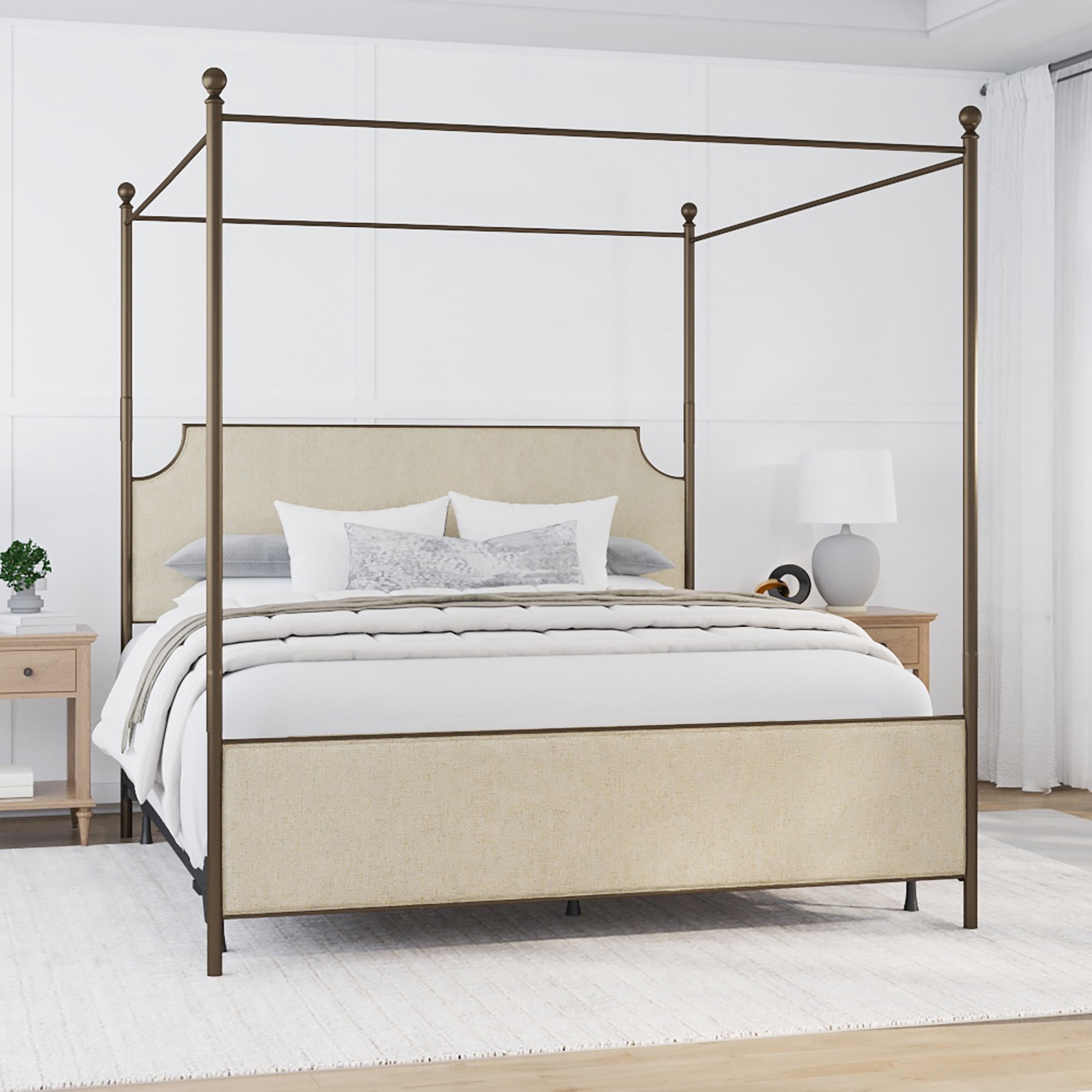 Hillsdale Furniture McArthur Metal Upholstered Canopy King Bed, Bronze with Linen