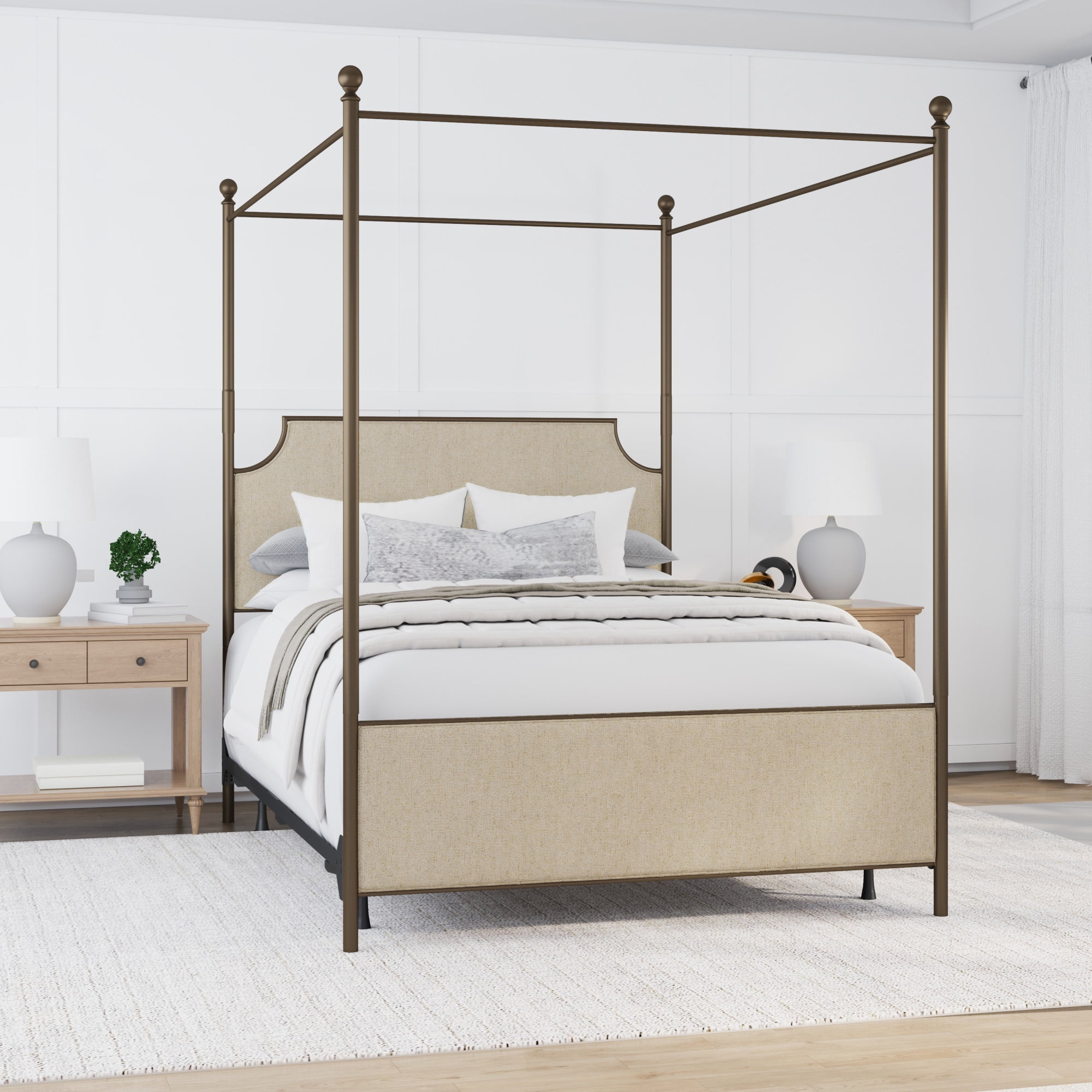 Hillsdale Furniture McArthur Metal Upholstered Canopy Queen Bed, Bronze with Linen