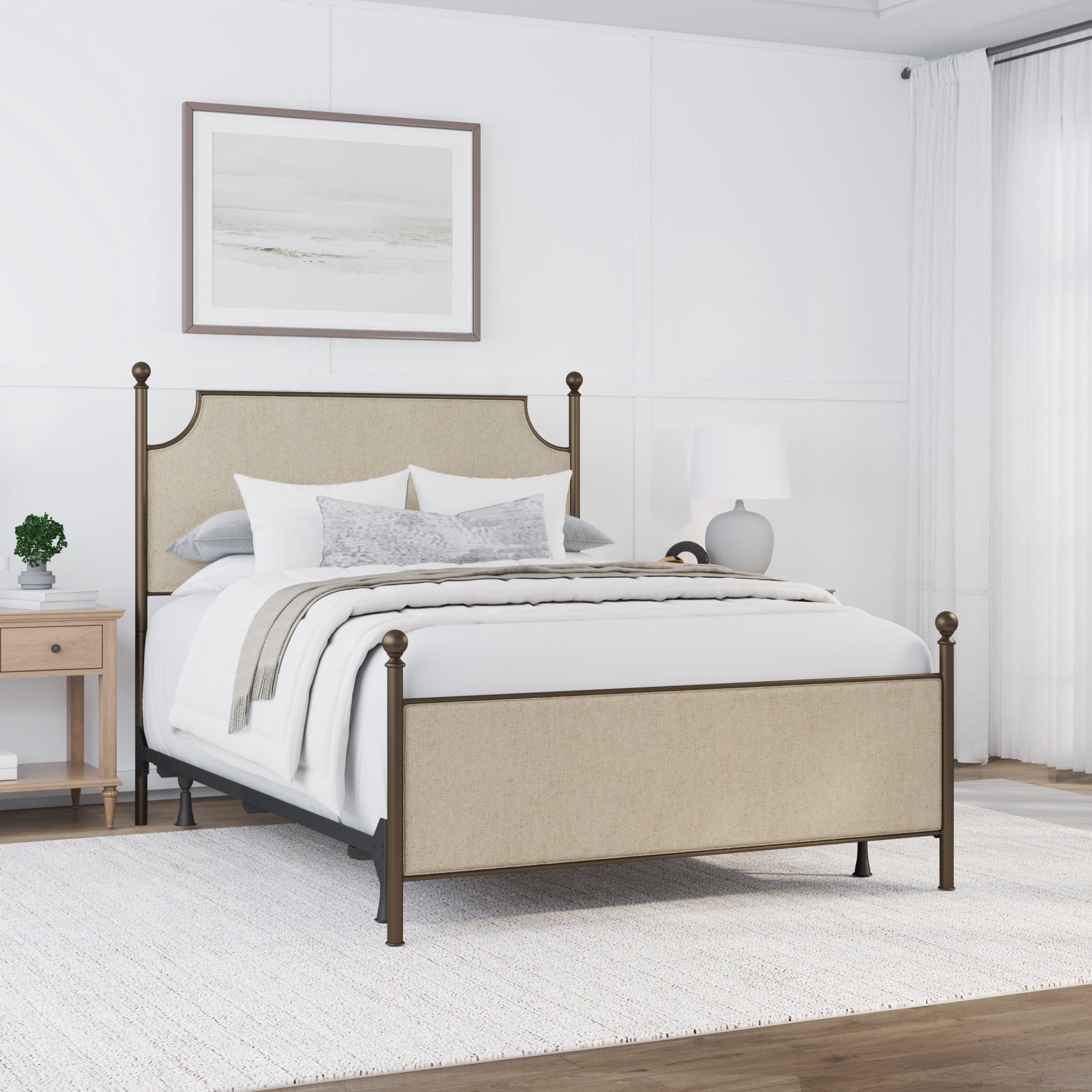 Hillsdale Furniture McArthur Queen Metal and Upholstered Bed, Bronze with Linen Stone Fabric