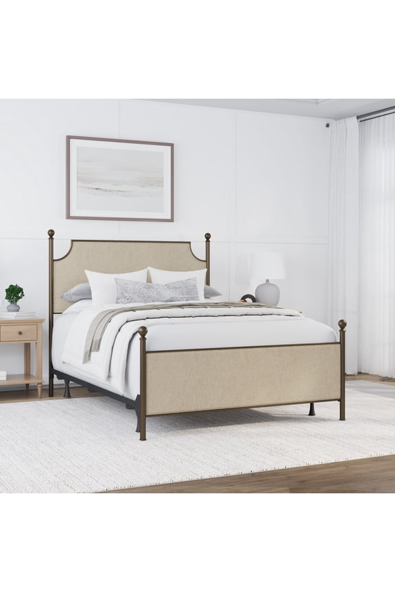 Furniture McArthur Queen Metal and Upholstered Bed, Bronze with Linen Stone Fabric
