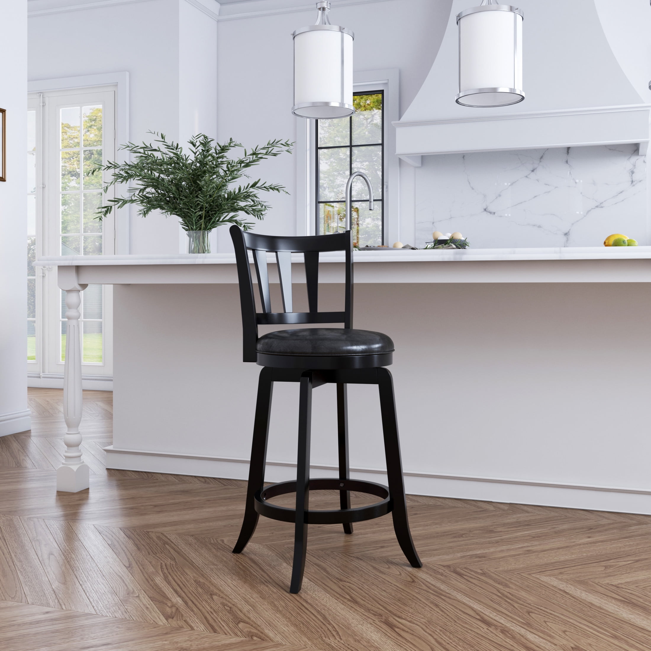 Black Wood and Faux Leather Swivel Counter Stool