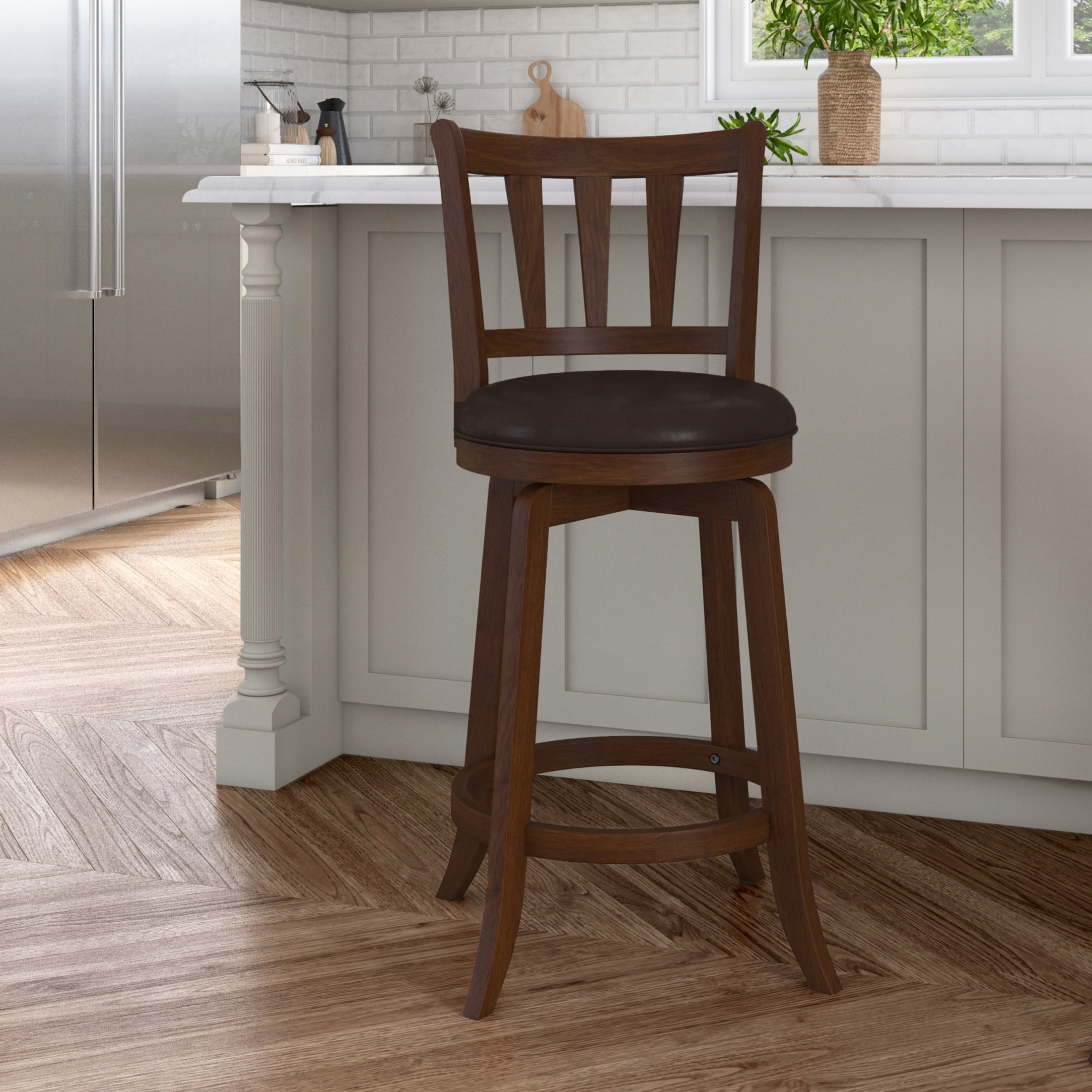 Cherry Wood Swivel Counter Stool with Faux Leather Seat