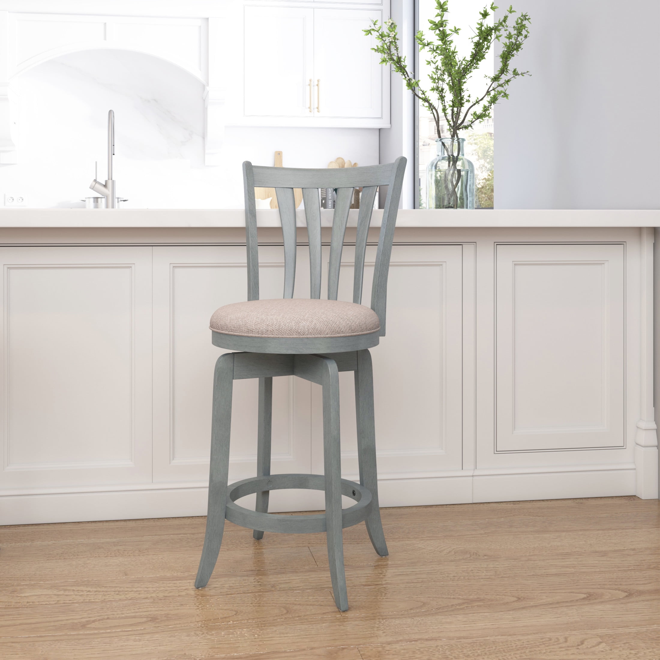 37" Blue Wire Brush Swivel Wood Counter Stool
