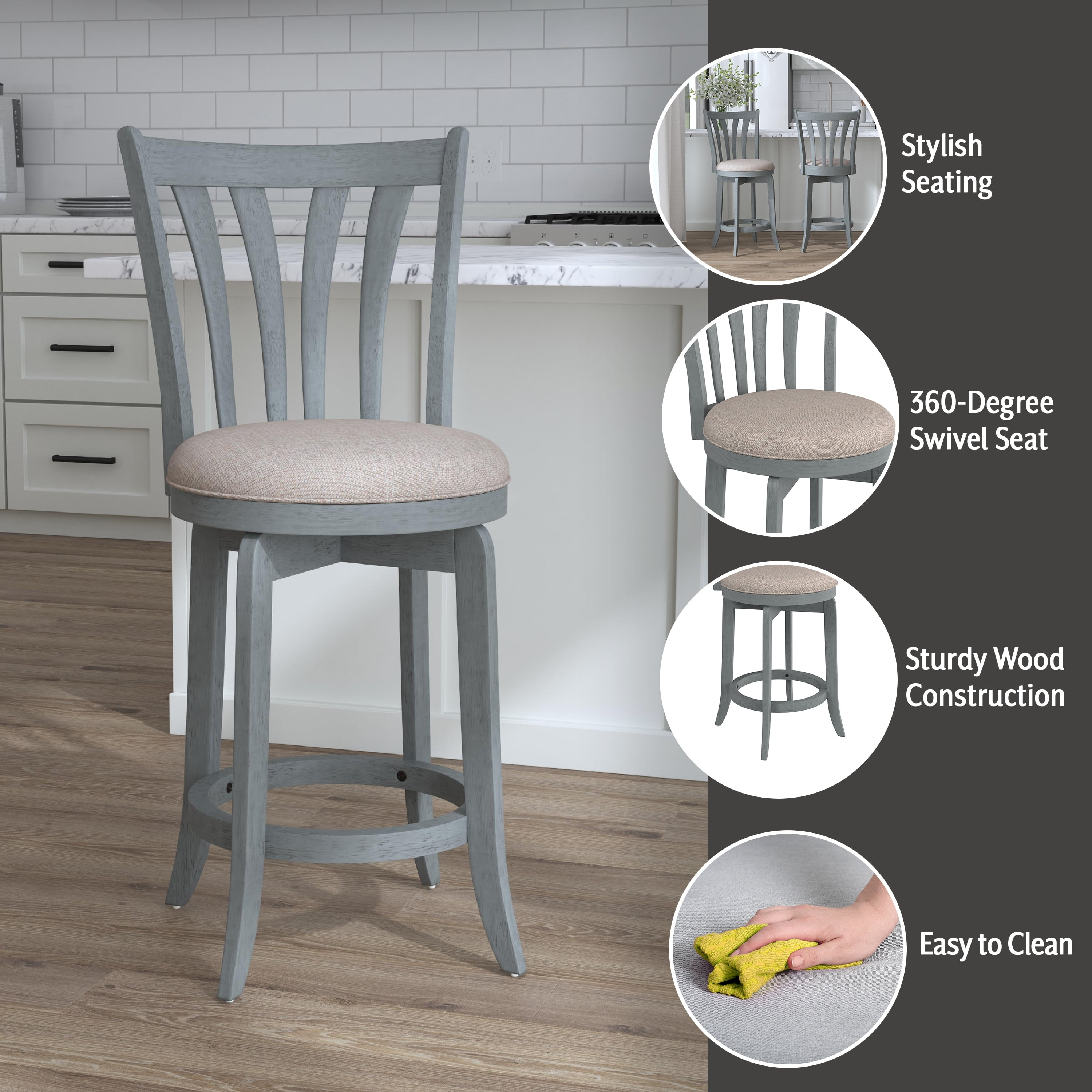 37" Blue Wire Brush Swivel Wood Counter Stool